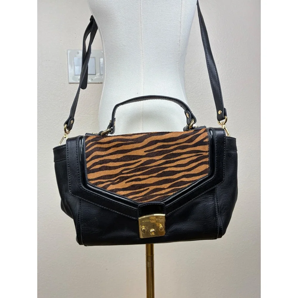 Antonio Melani Crossbody Bag Animal Tiger Print Genuine Leather Pony Hair Black